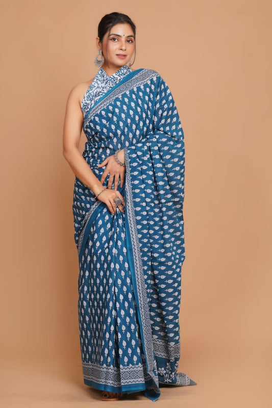 teal-blue-leaf-print-mulmul-cotton-saree-with-traditional-border