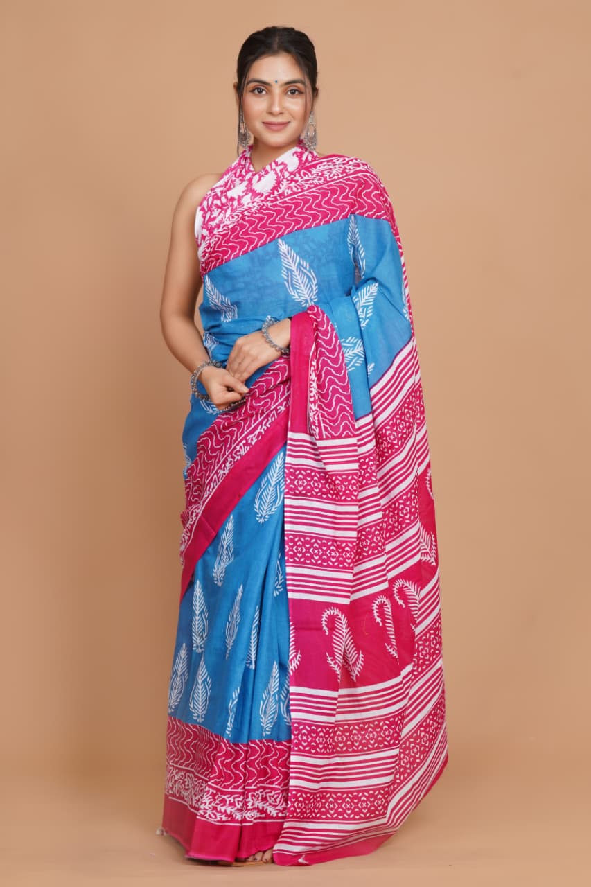sky-blue-and-pink-leaf-print-mulmul-cotton-saree-with-striped-pallu