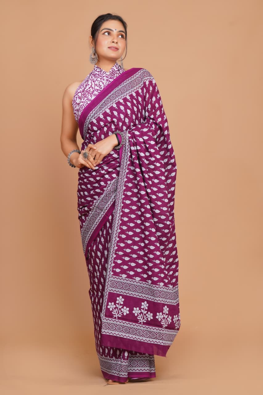 plum-purple-leaf-print-mulmul-cotton-saree-with-ornate-border