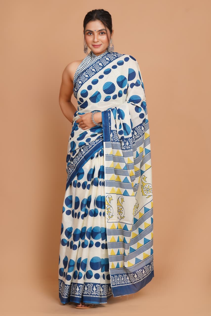 white-and-blue-geometric-dot-print-mulmul-cotton-saree-with-contrast-border