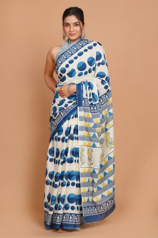 white-and-blue-geometric-dot-print-mulmul-cotton-saree-with-contrast-border