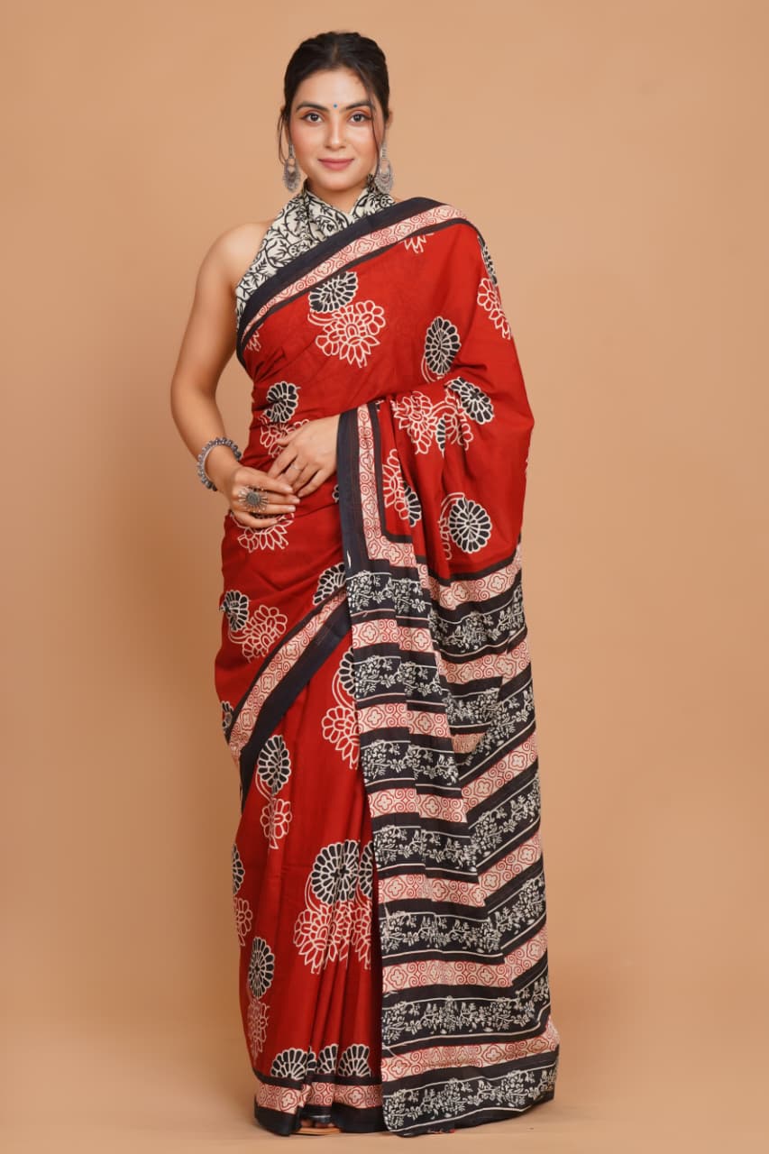 crimson-red-floral-print-mulmul-cotton-saree-with-black-contrast-border