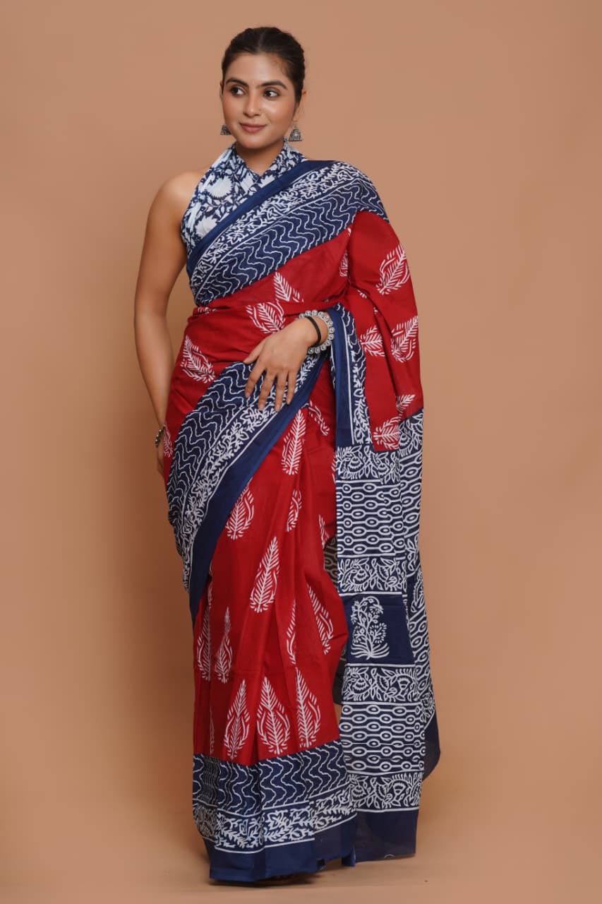 red-and-navy-blue-leaf-print-mulmul-cotton-saree-with-patterned-border