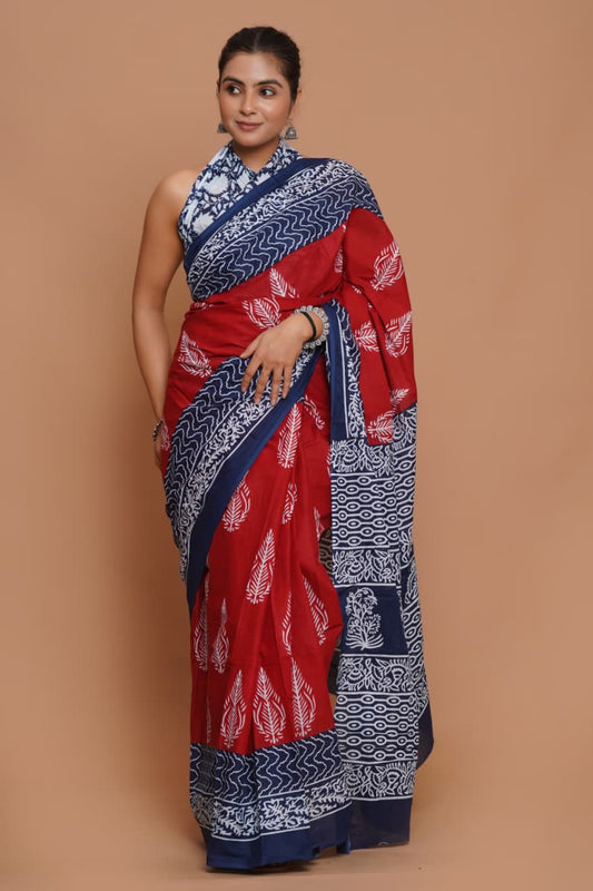 red-and-navy-blue-leaf-print-mulmul-cotton-saree-with-patterned-border