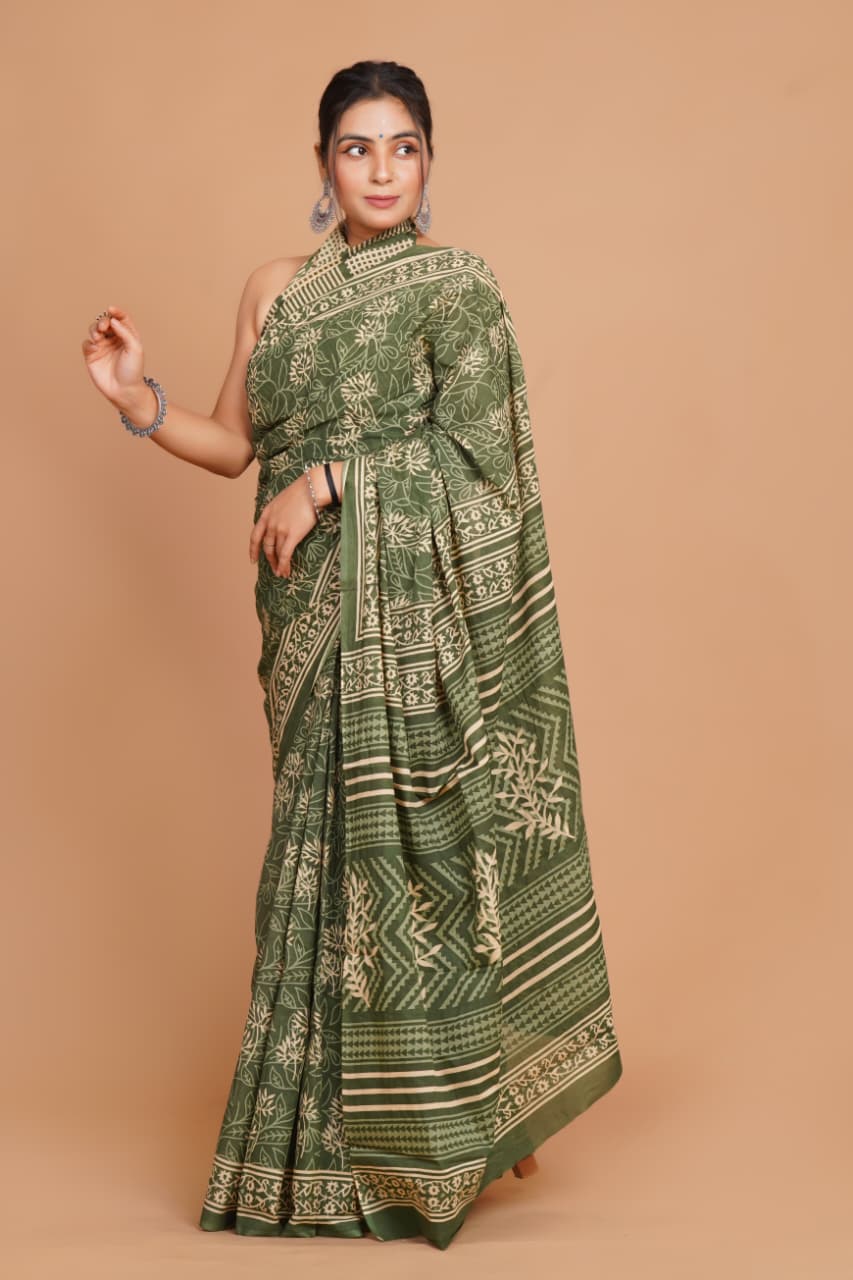 olive-green-tribal-print-mulmul-cotton-saree-with-traditional-border