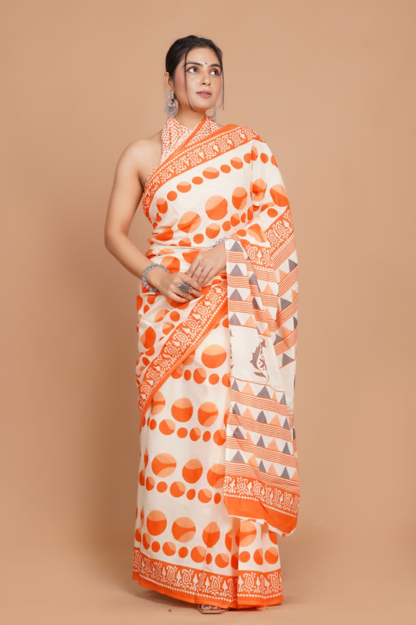 white-and-orange-polka-dot-mulmul-cotton-saree-with-geometric-pallu