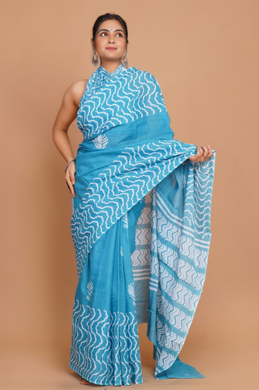 aqua-blue-wave-print-mulmul-cotton-saree-with-contrast-border