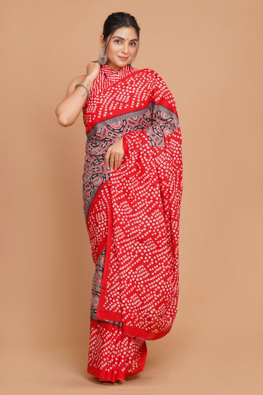 red-bandhani-style-mulmul-cotton-saree-with-black-ethnic-pallu