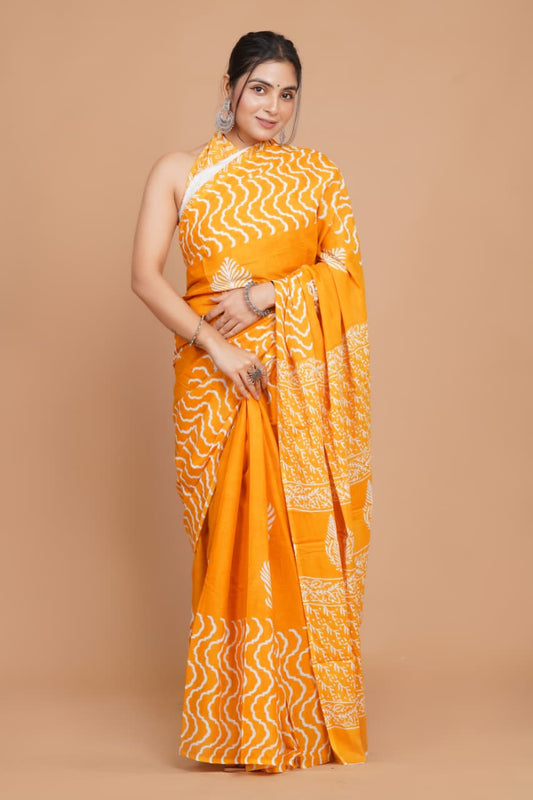 sunshine-yellow-wave-print-mulmul-cotton-saree-with-leaf-border