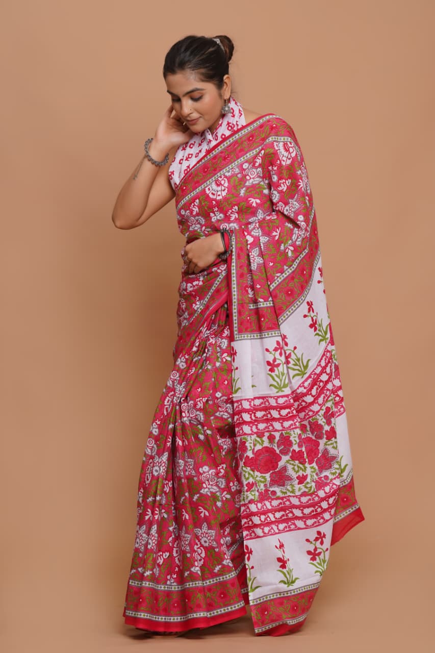 pink-and-green-floral-print-mulmul-cotton-saree-with-contrast-panel-pallu