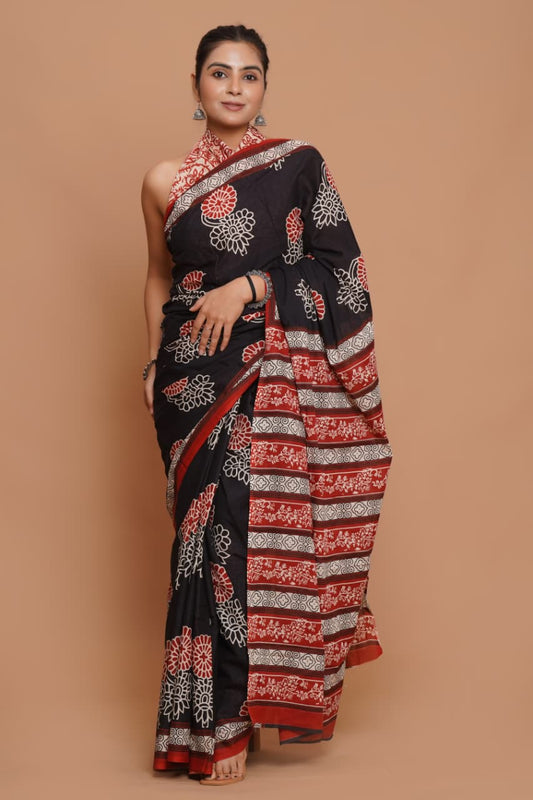 black-and-red-floral-block-print-mulmul-cotton-saree-with-striped-pallu