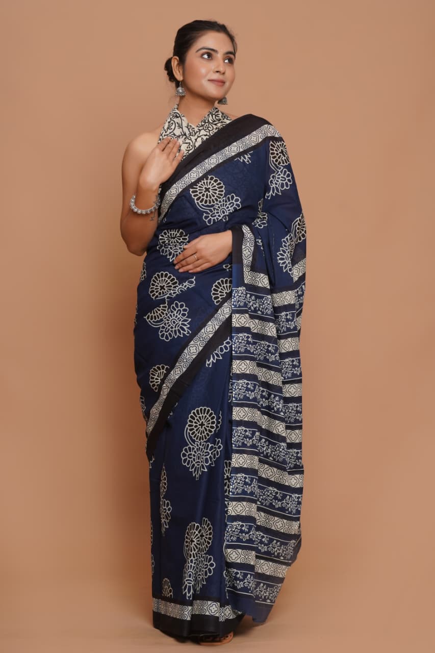 navy-blue-floral-block-print-mulmul-cotton-saree-with-striped-pallu