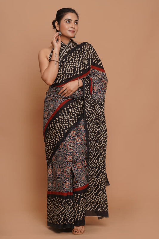 black-ajrakh-inspired-mulmul-cotton-saree-with-red-contrast-border
