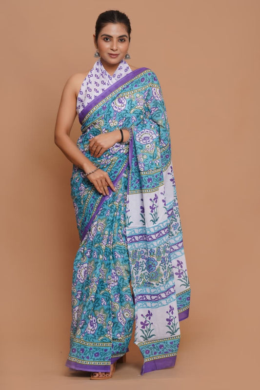 teal-and-lavender-floral-printed-mulmul-cotton-saree-with-contrast-pallu