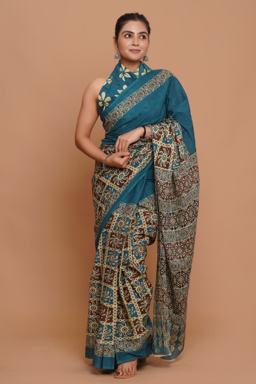 teal-green-ajrakh-print-mulmul-cotton-saree-with-ethnic-border