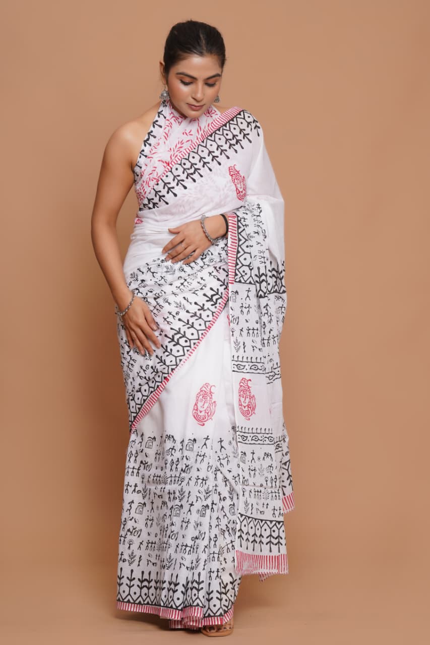 white-and-black-tribal-print-mulmul-cotton-saree-with-red-accents