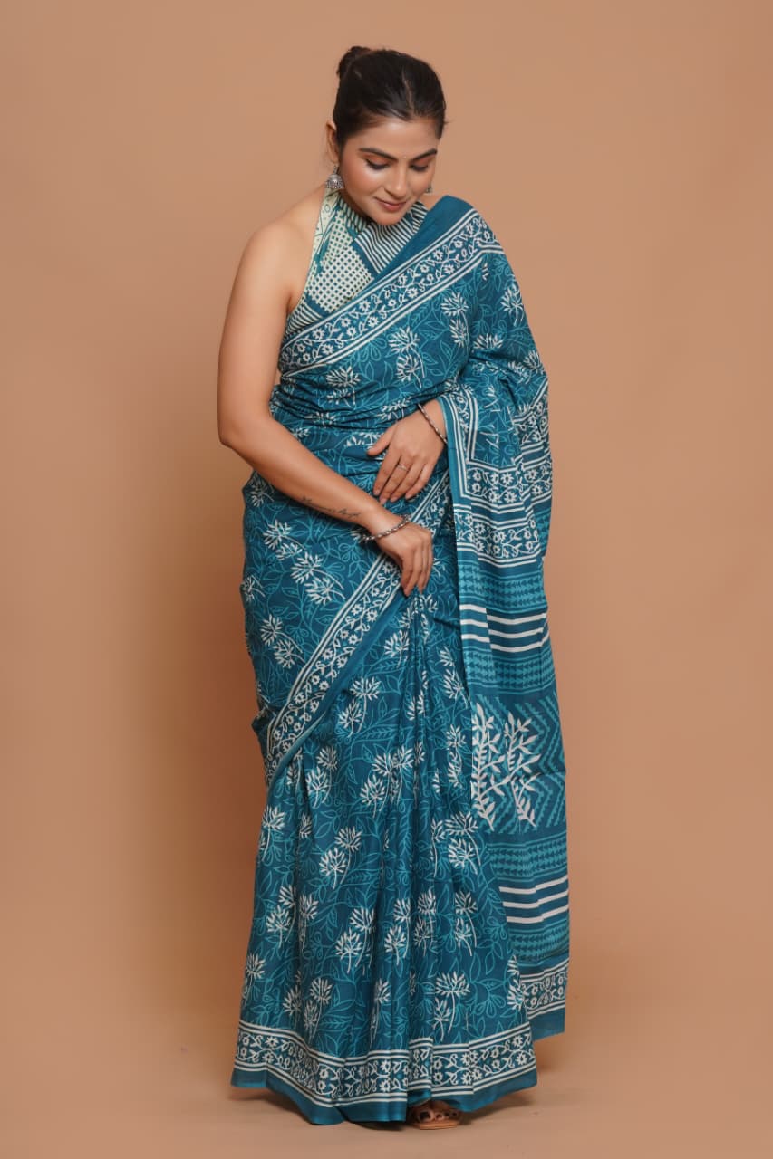 teal-light-blue-leaf-print-mulmul-cotton-saree-with-traditional-border