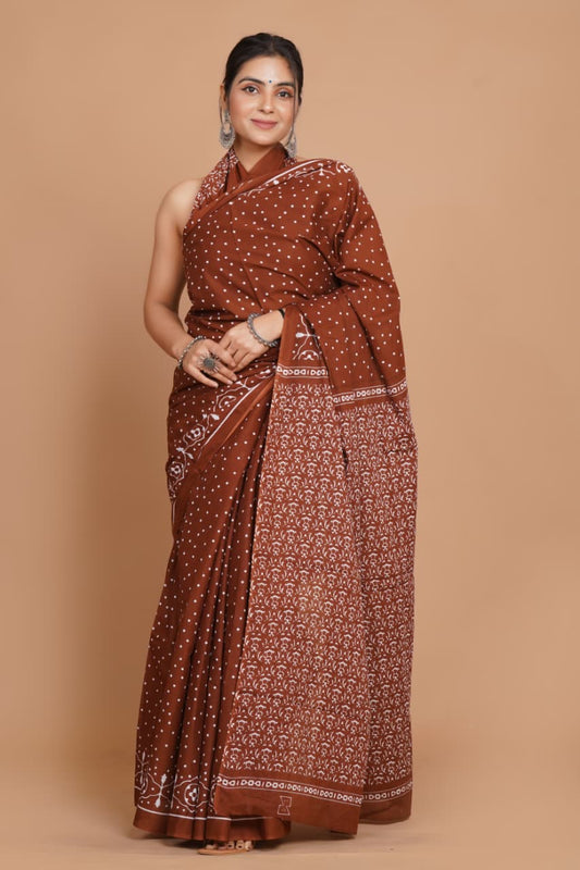 rust-brown-polka-dot-mulmul-cotton-saree-with-floral-pallu
