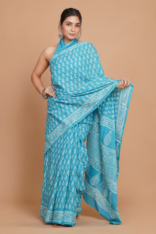 turquoise-blue-leaf-print-mulmul-cotton-saree-with-traditional-border