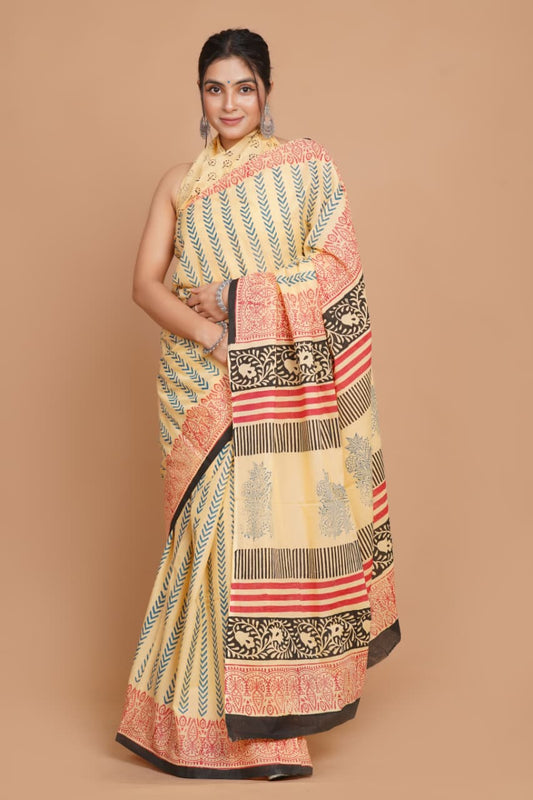 beige-and-multicolor-block-print-mulmul-cotton-saree-with-artistic-borders