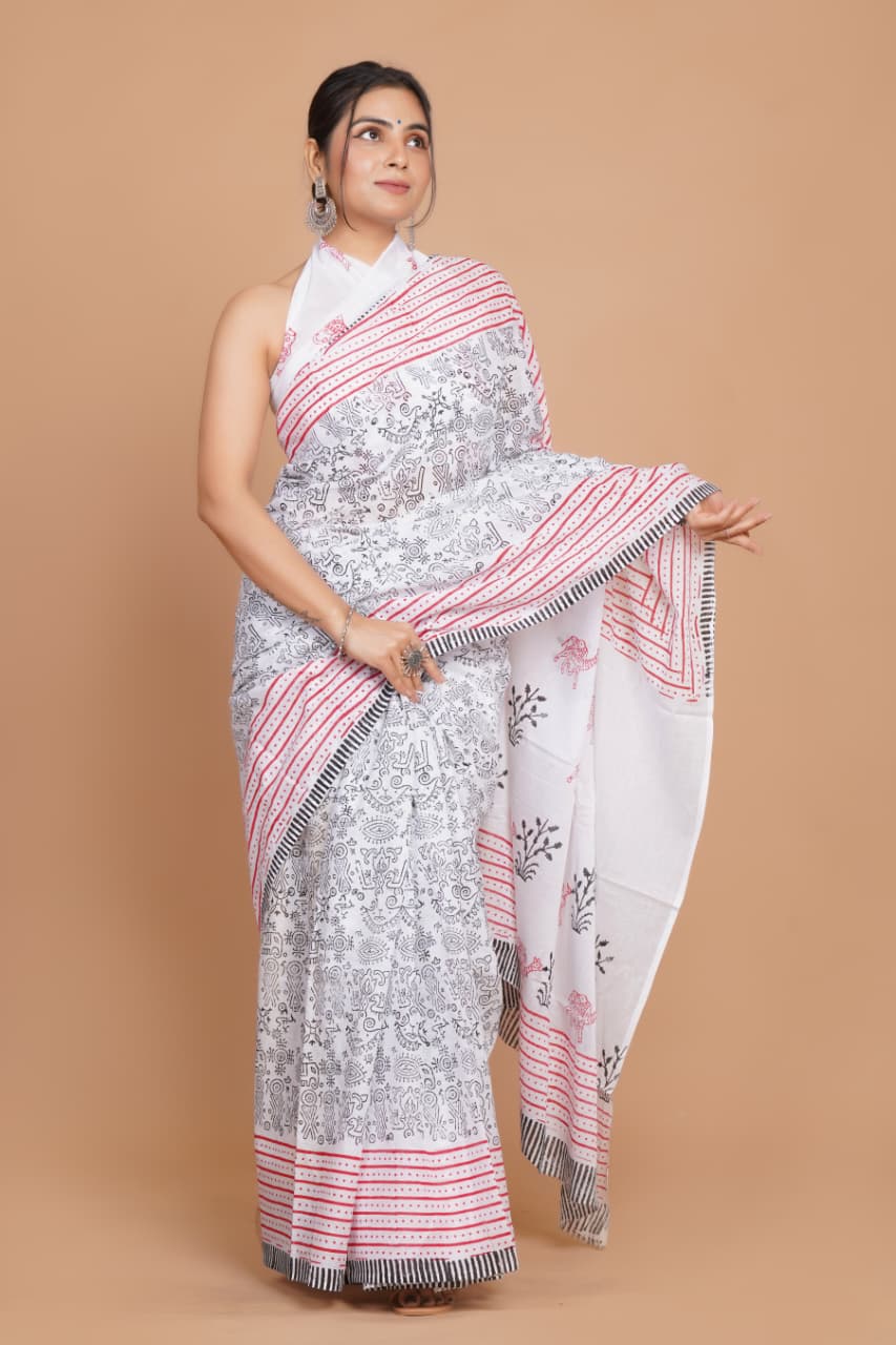 white-and-red-handblock-print-mulmul-cotton-saree-with-striped-border