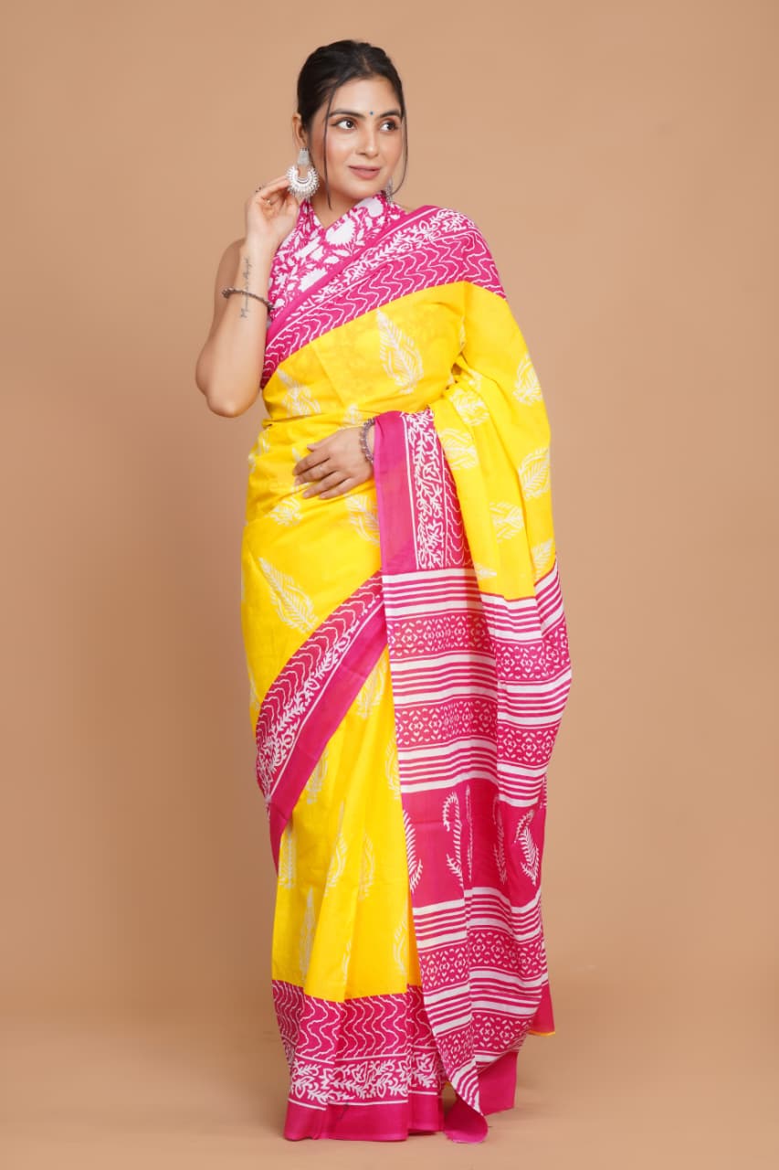yellow-and-pink-printed-mulmul-cotton-saree-with-contrast-border
