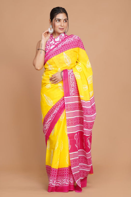yellow-and-pink-printed-mulmul-cotton-saree-with-contrast-border
