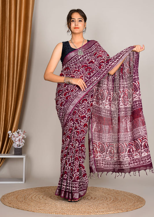 Maroon & White Linen Cotton Saree with Artistic Motifs and Contrast Pallu