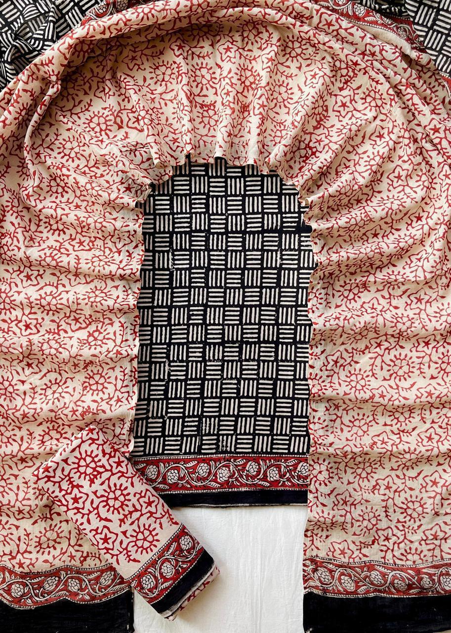 Black & Maroon Jaipur Cotton Chudithar Material with Floral Printed Cotton Dupatta