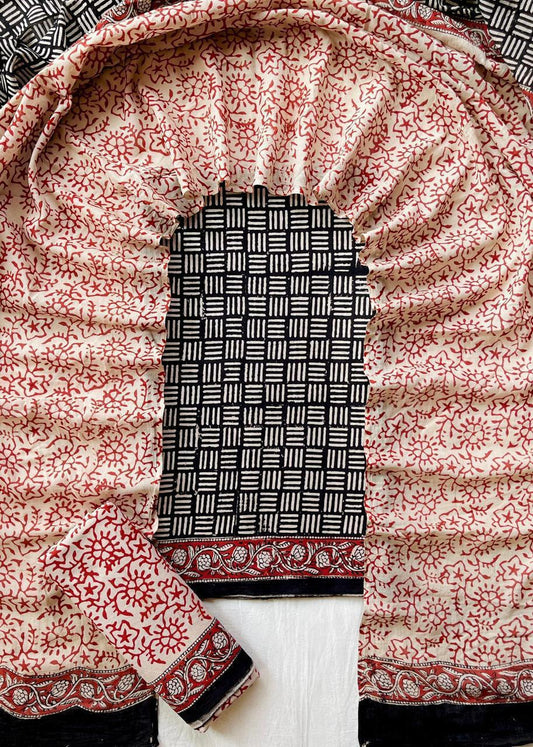 Black & Maroon Jaipur Cotton Chudithar Material with Floral Printed Cotton Dupatta
