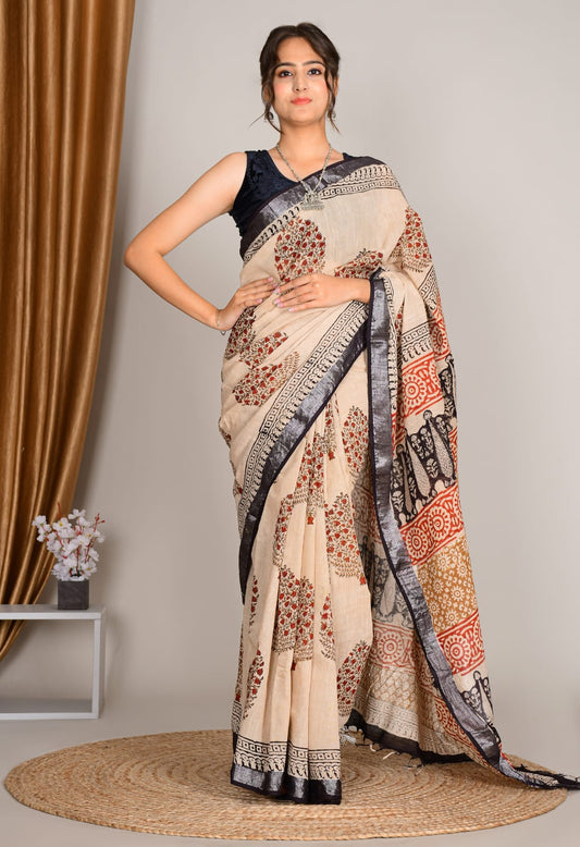 Beige & Multi-Color Printed Linen Cotton Saree with Black Zari Border