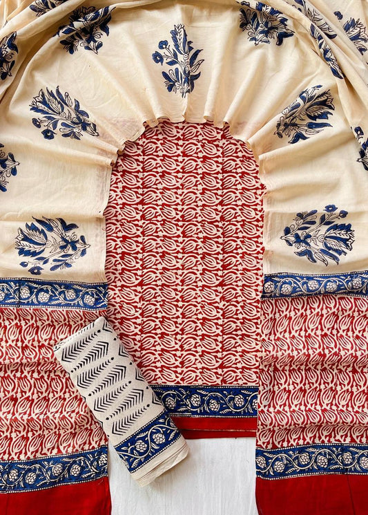 Red & Blue Floral Jaipur Cotton Chudithar Material with Printed Cotton Dupatta
