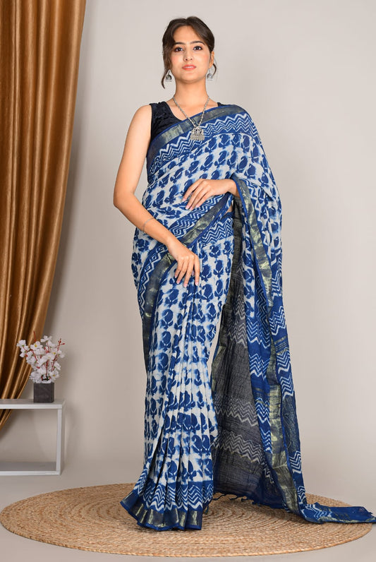 Blue Shibori Print Linen Cotton Saree with Zari Border