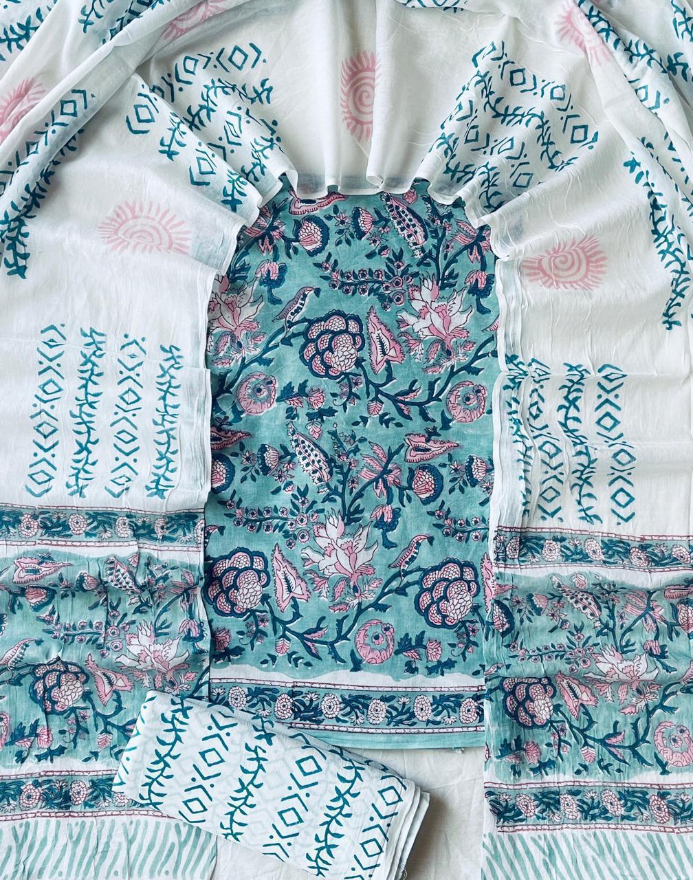 Teal & White Floral Jaipur Cotton Chudithar Material with Hand Block Cotton Dupatta