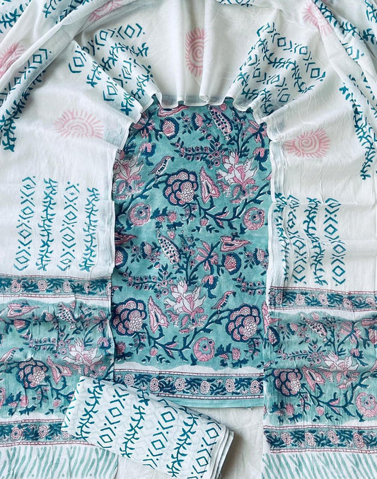 Teal & White Floral Jaipur Cotton Chudithar Material with Hand Block Cotton Dupatta