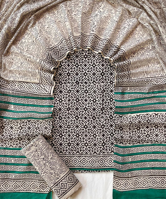 Black & Green Geometric Jaipur Cotton Chudithar Material with Printed Cotton Dupatta
