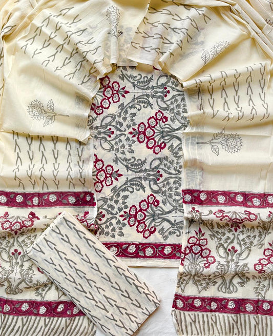 Ivory Jaipur Cotton Chudithar Material with Maroon & Grey Floral Printed Cotton Dupatta