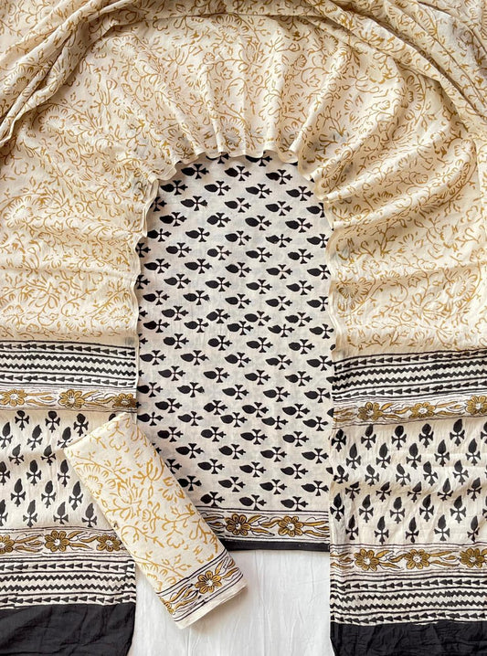 Cream & Black Jaipur Cotton Chudithar Material with Floral Printed Cotton Dupatta