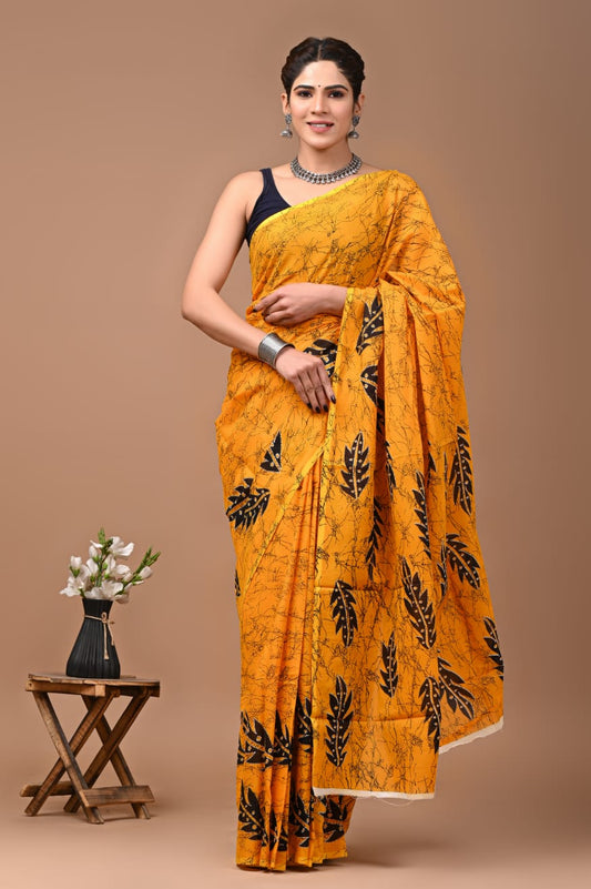 Sunset yellow block leaves saree