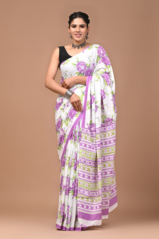 White and Lilac Rose Floral Mul Cotton Saree