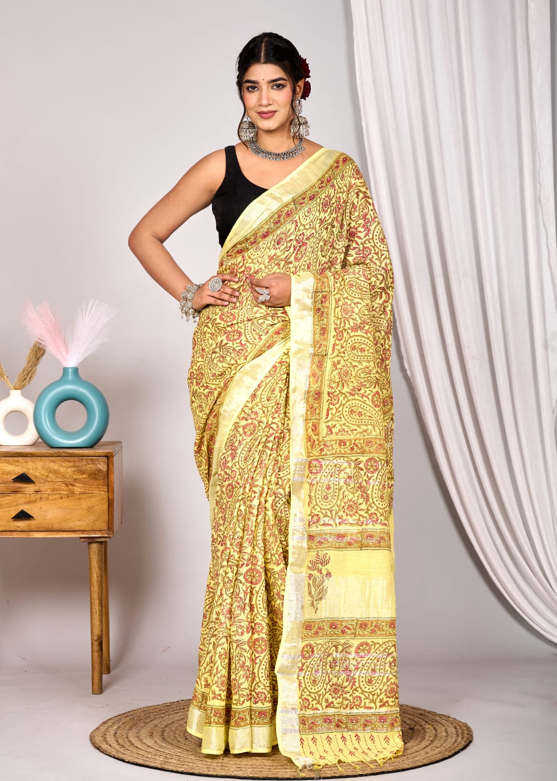 Yellow Linen Saree with Red Mango Hand Block Print – Vibrant Tradition, Graceful Appeal.