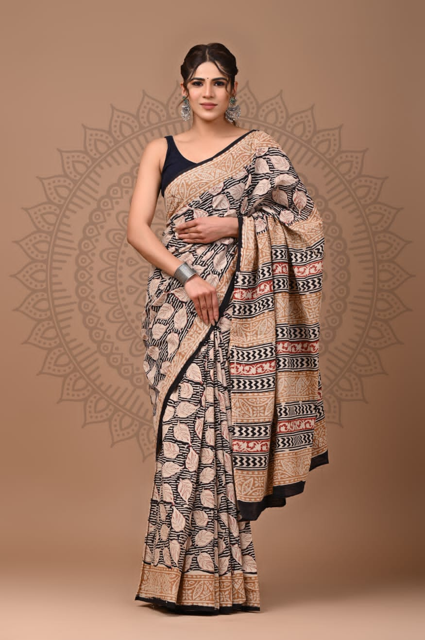 Classic Contrast: Beige & Black Saree