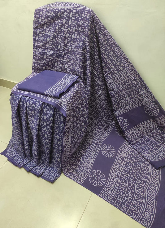 Serene Lavender Blue: Printed Mul Cotton Saree