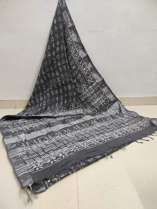 Slate Serenity: Davy Grey hand block printed linen Cotton Sarees