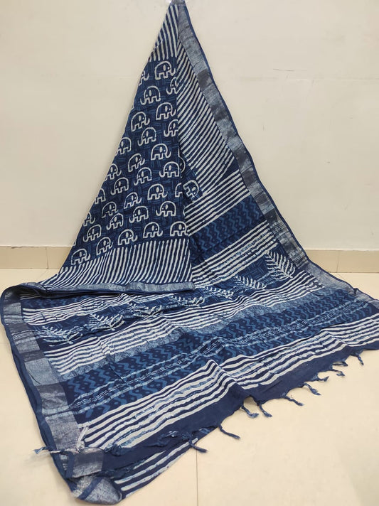 Elephant Parade: Medium Electric Blue hand block printed linen Cotton Sarees