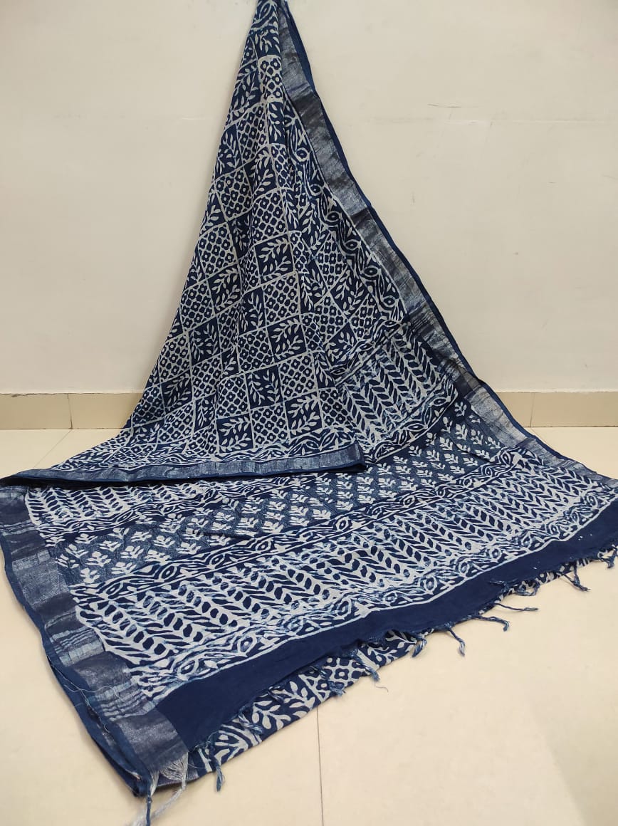 Azure Bliss: White & Blue Multi Print hand block printed linen Cotton Sarees