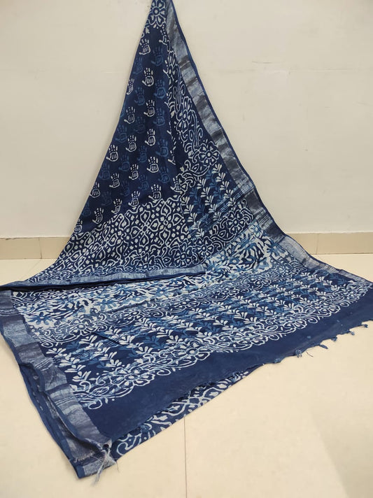 Electric Blue Marvel: Hand block printed linen Cotton Sarees