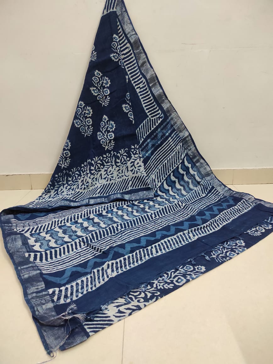 Floral Bliss: Blue hand block printed linen Cotton Sarees