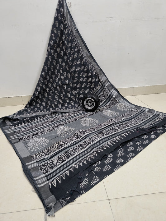 Slate Elegance: Dark Gray hand block printed linen Cotton Sarees