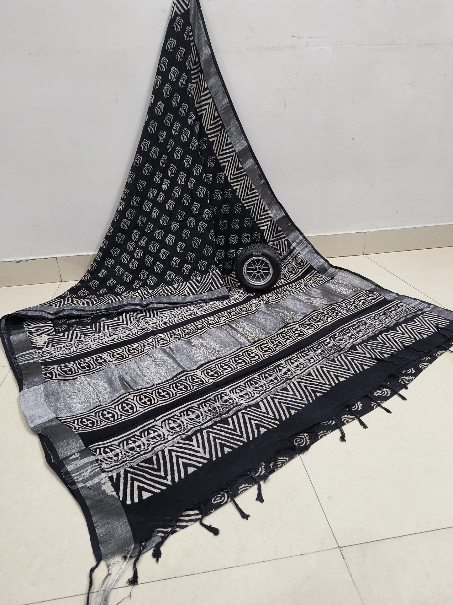 Elegant Noir: Mango Design Black hand block printed linen Cotton Sarees